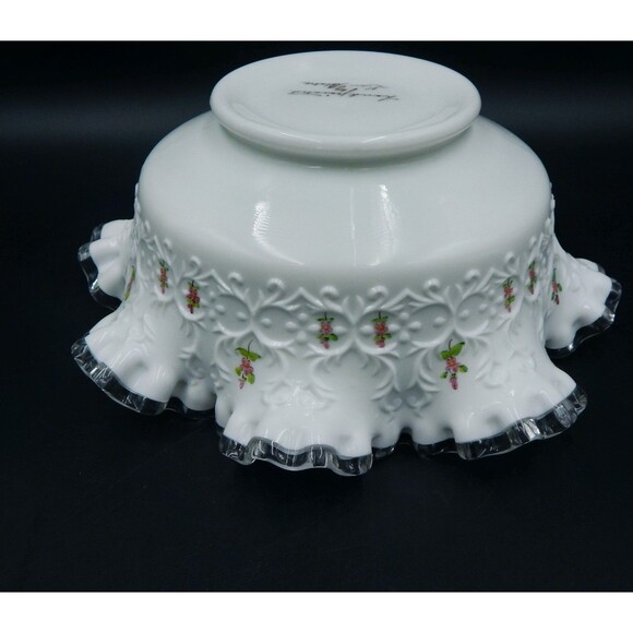 Fenton Silver Crest Spanish Lace Bowl Violets In The Snow 10 Inch Console - Picture 11 of 12